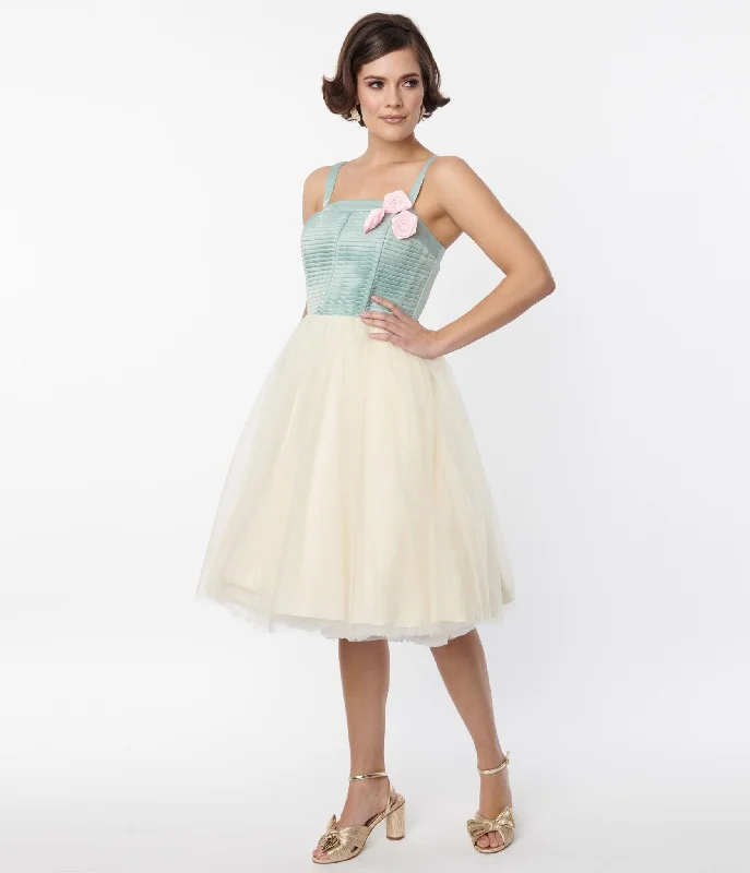 Unique Vintage Sage & Ivory Tulle Swing Dress