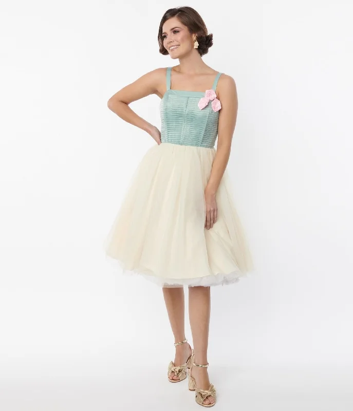 Unique Vintage Sage & Ivory Tulle Swing Dress