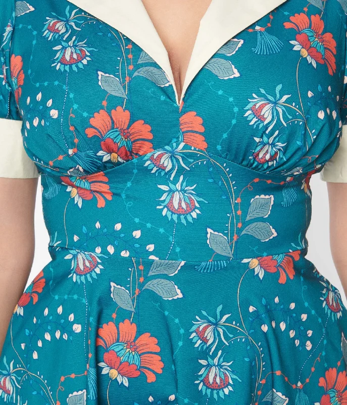 Unique Vintage 1940s Teal & Red Floral Chain Print Swing Dress