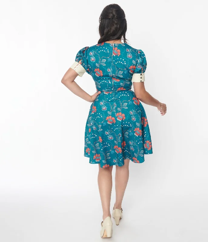 Unique Vintage 1940s Teal & Red Floral Chain Print Swing Dress