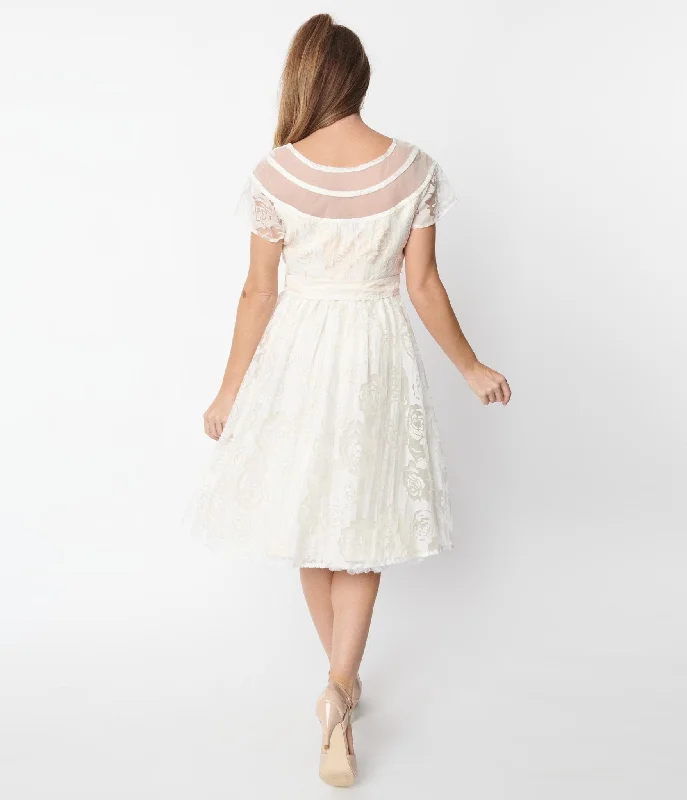 Unique Vintage White Burnout Rose Flare Dress