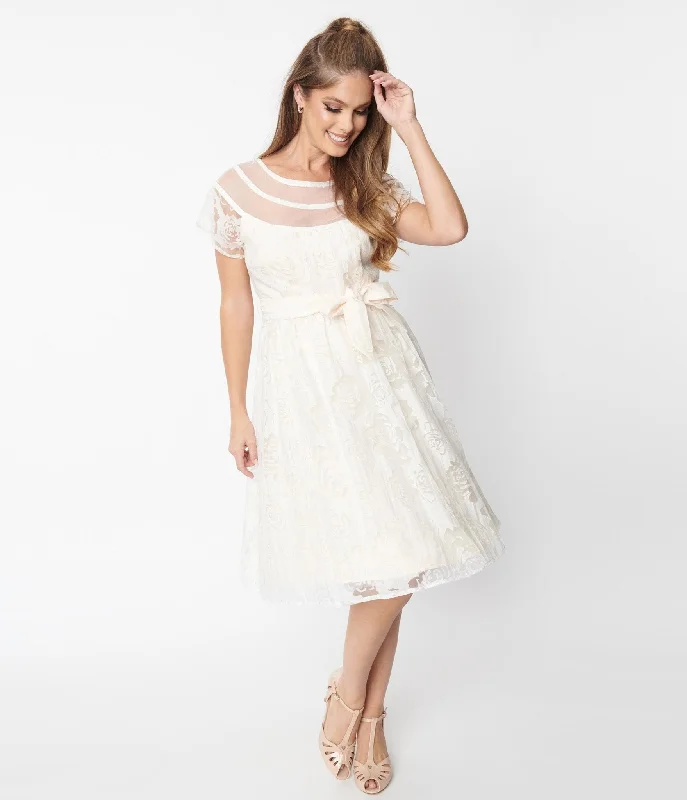 Unique Vintage White Burnout Rose Flare Dress