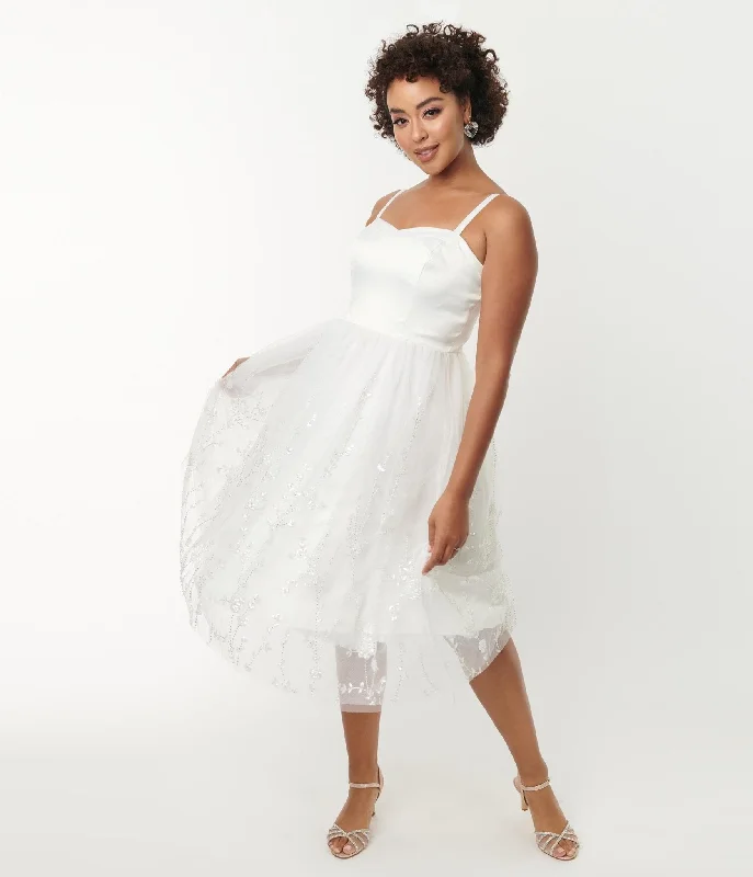 Unique Vintage White Tulle & Floral Beading Bertie Swing Dress