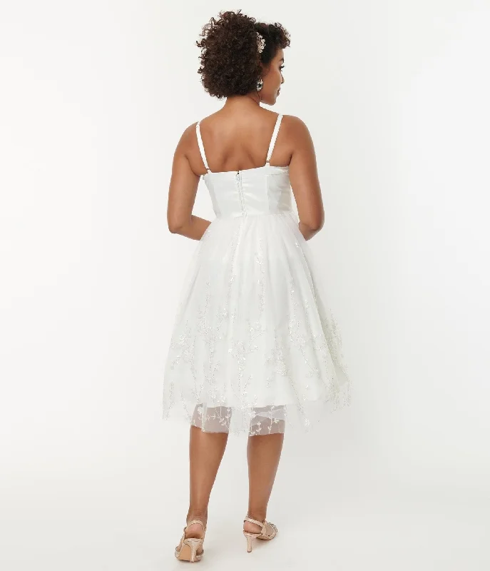 Unique Vintage White Tulle & Floral Beading Bertie Swing Dress