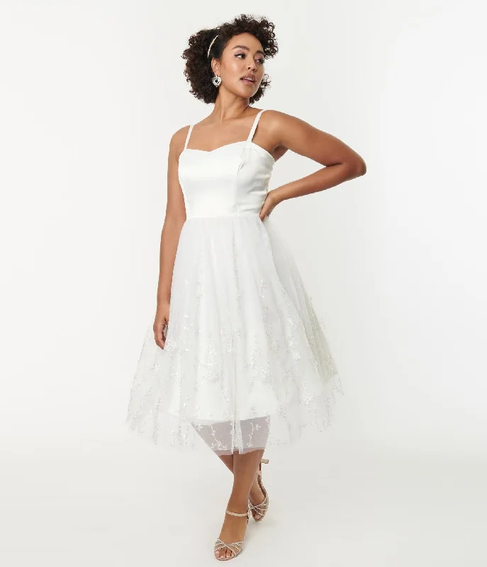 Unique Vintage White Tulle & Floral Beading Bertie Swing Dress