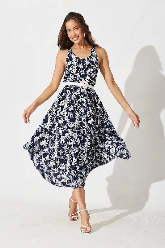 Varese Midi Dress In Navy With White Leaf