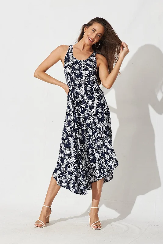 Varese Midi Dress In Navy With White Leaf