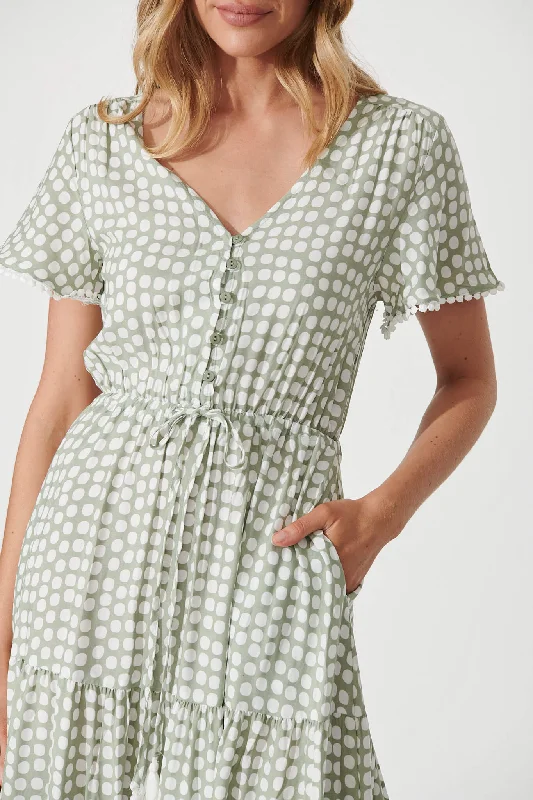 Yara Maxi Dress In Green With White Polka Dot