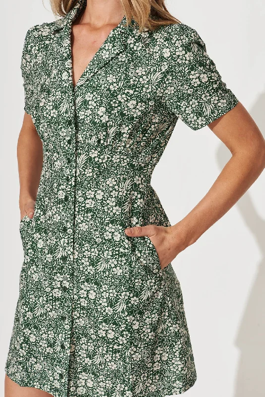 Zuri Shirt Dress In Green With Ivory Floral Cotton