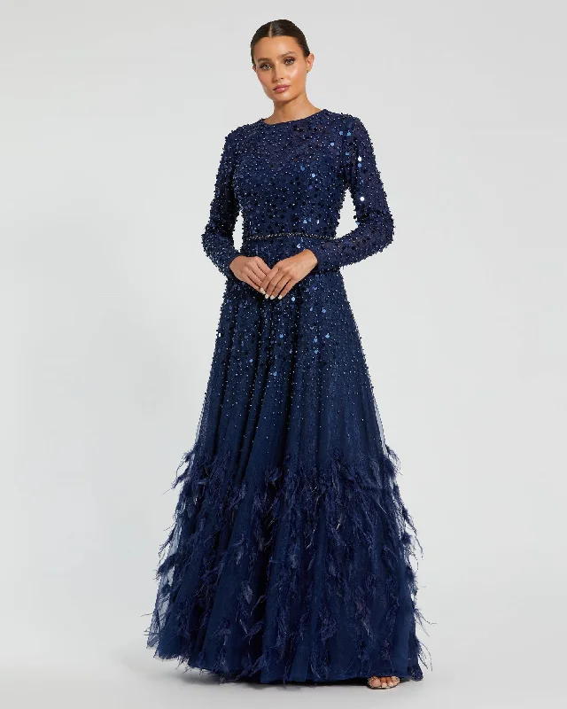 Disc Embellished Sequin Gown with Feather Detail