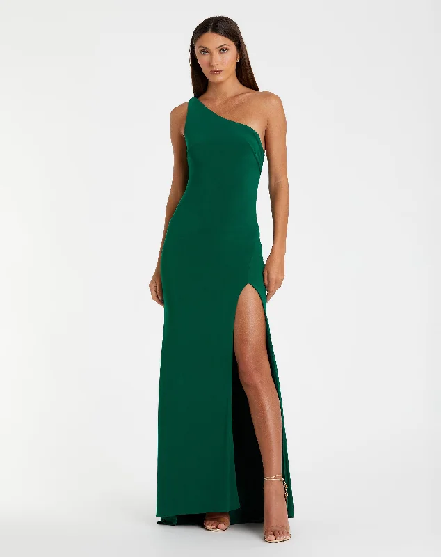 Jersey One Shoulder Draped Back Gown