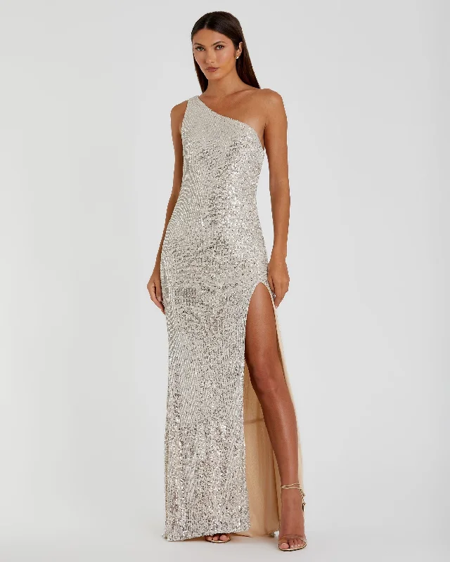 Sequined One Shoulder Draped Back Gown