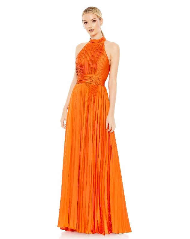 Pleated High Neck Satin Sleeveless Halter Gown