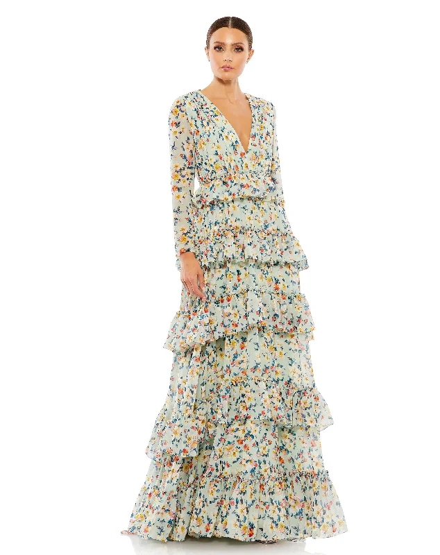 Floral Printed Tiered Ruffle Long Sleeve Gown