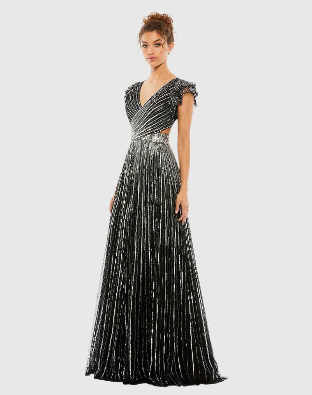 Plunge Neck Cap Sleeve Gown