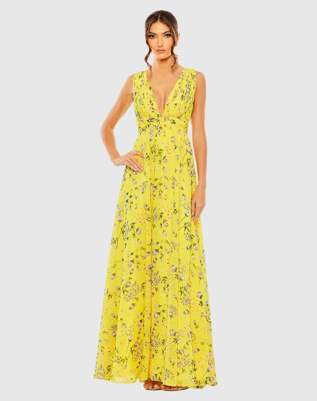 Floral Print V-Neck Ruched Gown