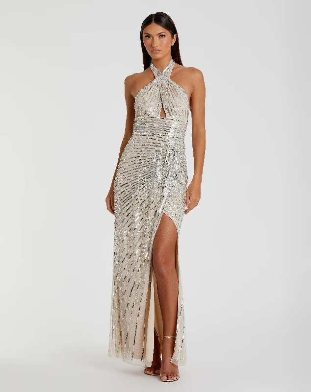 Embellished Keyhole Halter Strap Draped Gown