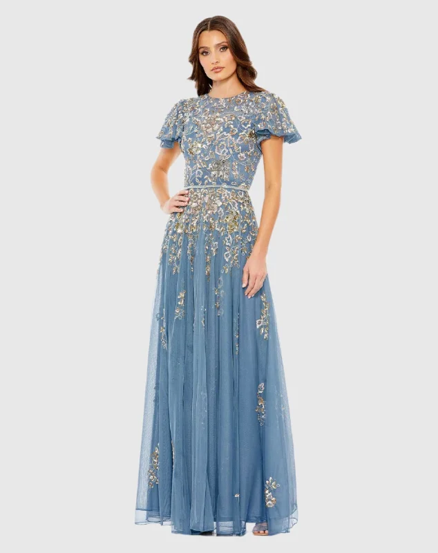 Embellished Butterfly Sleeve High Neck Gown