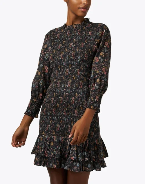 Farha Black Print Smocked Cotton Dress