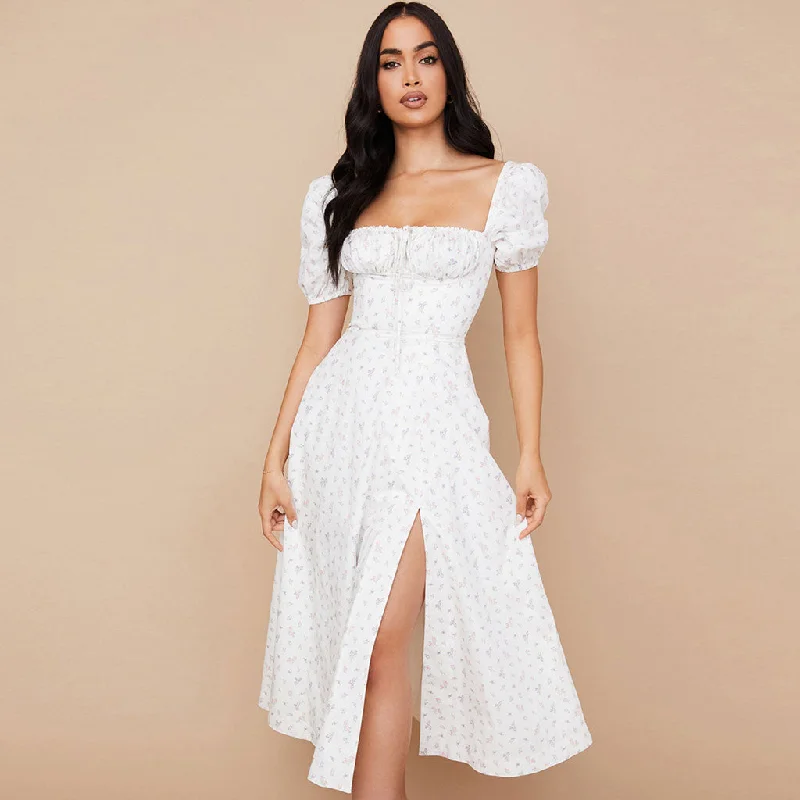 Daisy Printed Puff Sleeve High Slit Smock Maxi Sundress - White