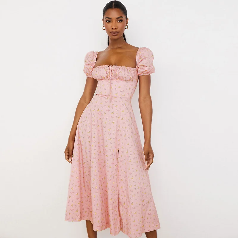 Daisy Printed Puff Sleeve High Slit Smock Maxi Sundress - Pink