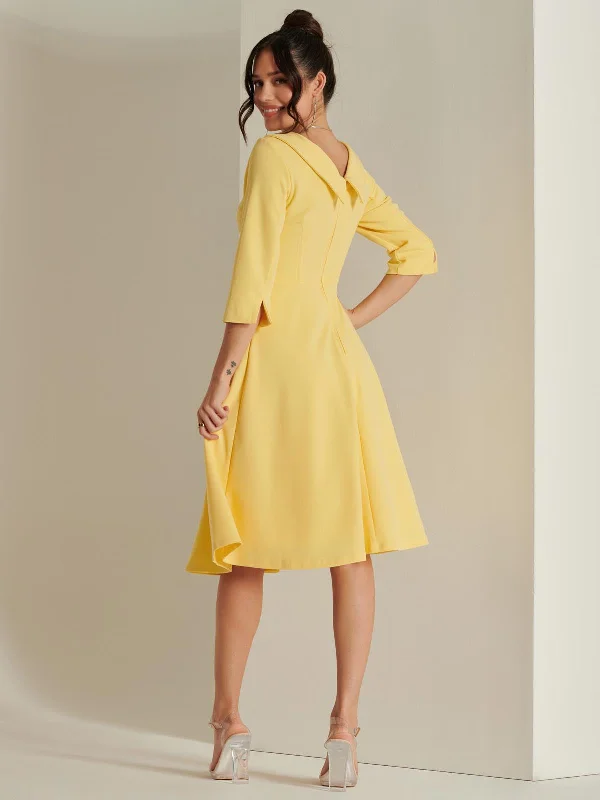 3/4 Sleeve Fold Neck Midi Dress, Light Yellow