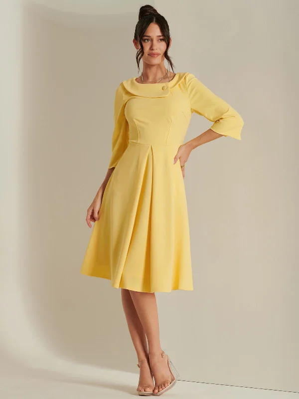 3/4 Sleeve Fold Neck Midi Dress, Light Yellow