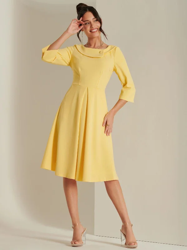 3/4 Sleeve Fold Neck Midi Dress, Light Yellow