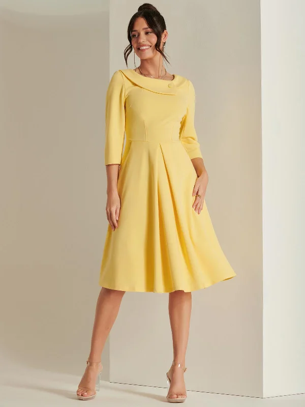 3/4 Sleeve Fold Neck Midi Dress, Light Yellow