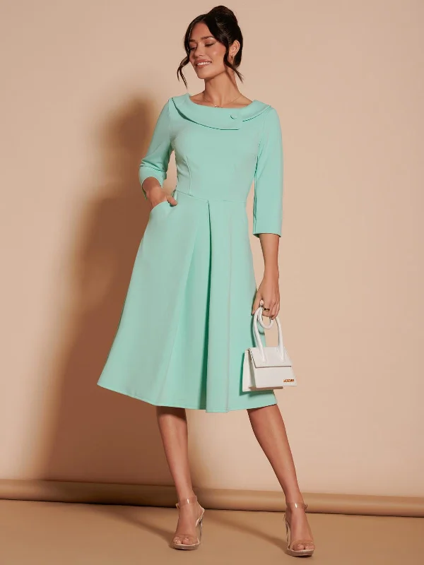 3/4 Sleeve Fold Neck Midi Dress, Light Green