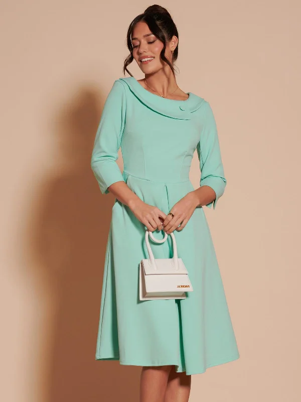 3/4 Sleeve Fold Neck Midi Dress, Light Green