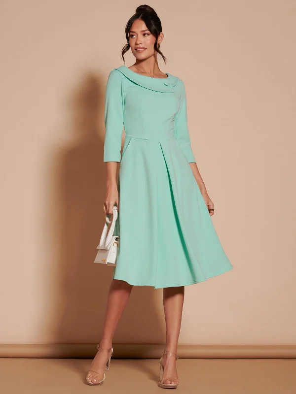 3/4 Sleeve Fold Neck Midi Dress, Light Green