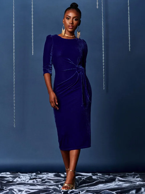 3/4 Sleeve Tie Detail Velvet Midi Dress, Royal Blue