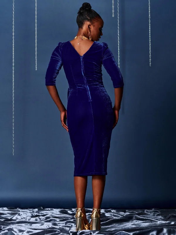 3/4 Sleeve Tie Detail Velvet Midi Dress, Royal Blue