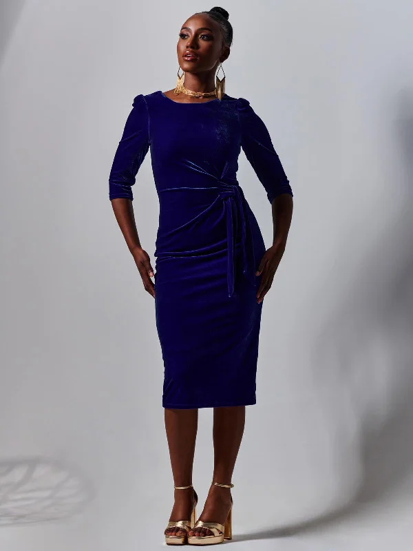 3/4 Sleeve Tie Detail Velvet Midi Dress, Royal Blue