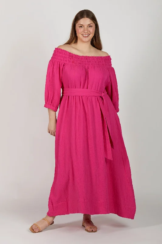 Alisa Crinkle Cotton Off The Shoulder Dress in Pink Glo