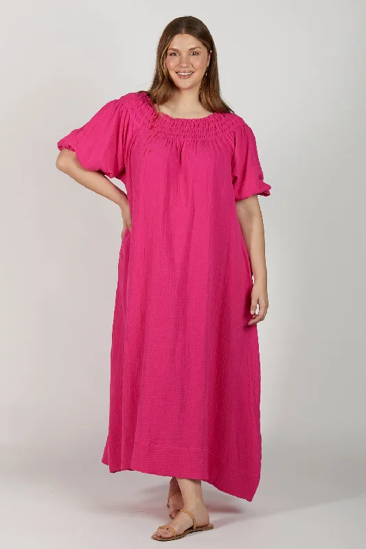 Alisa Crinkle Cotton Off The Shoulder Dress in Pink Glo