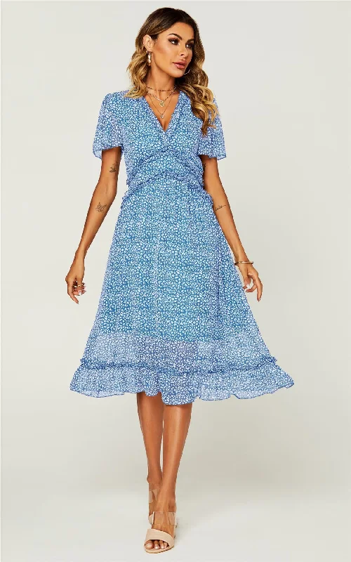 Angel Sleeve Frill Detail Chiffon V Neck Midi Dress In Blue Leopard Print