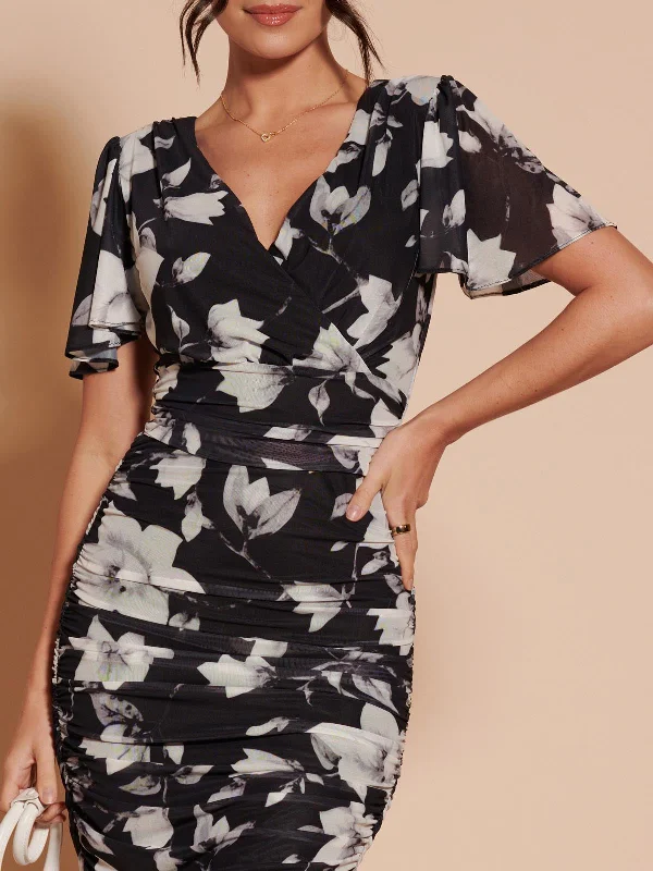 Angel Sleeve Ruched Mesh Midi Dress, Black Floral