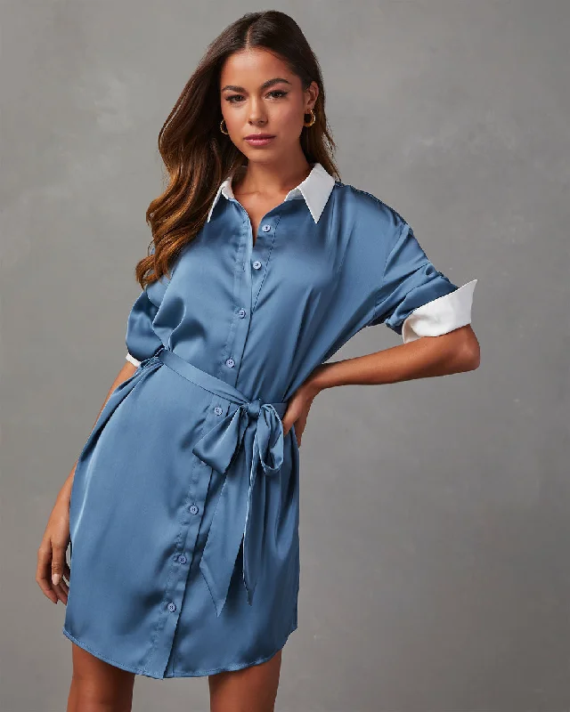 Bates Satin Tie Waist Mini Shirt Dress