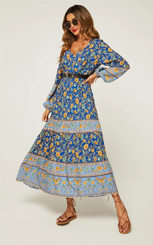 Boho Gold Floral Midi Summer Dress In Blue