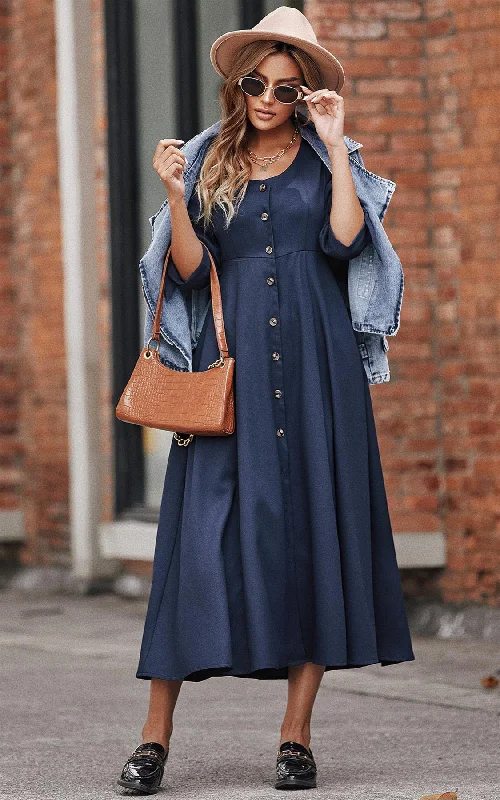 Button Down Sleeve Tie Detail Midi Dress In Navy