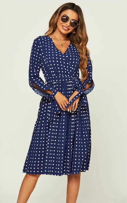 Cold Shoulder Tie Detail Long Sleeve Midi Pleated Dress In Navy Polka Dot