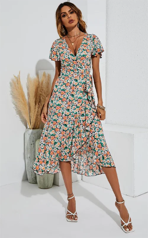 Daisy Floral Print Wrap Hem Midi Dress In Black