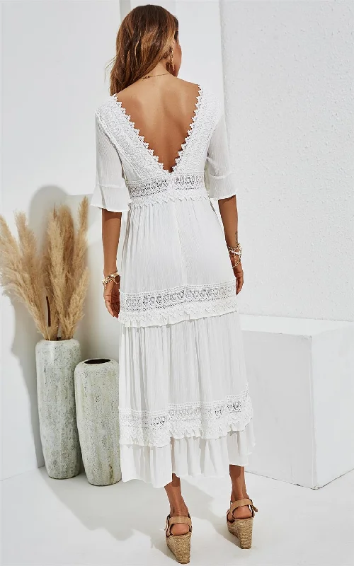 Double Sided V Neck White Lace Dress In Ivory White