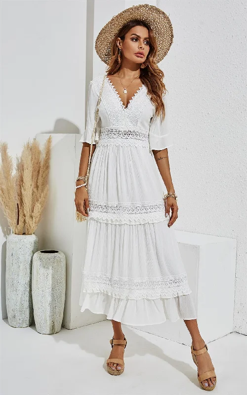 Double Sided V Neck White Lace Dress In Ivory White