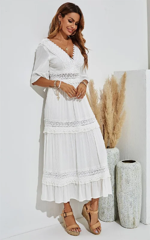 Double Sided V Neck White Lace Dress In Ivory White