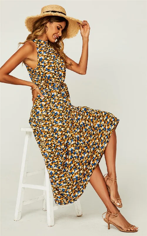 Flora Print Halter Neck Maxi Layer Dress In Black