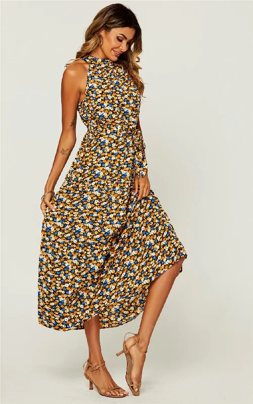 Flora Print Halter Neck Maxi Layer Dress In Black