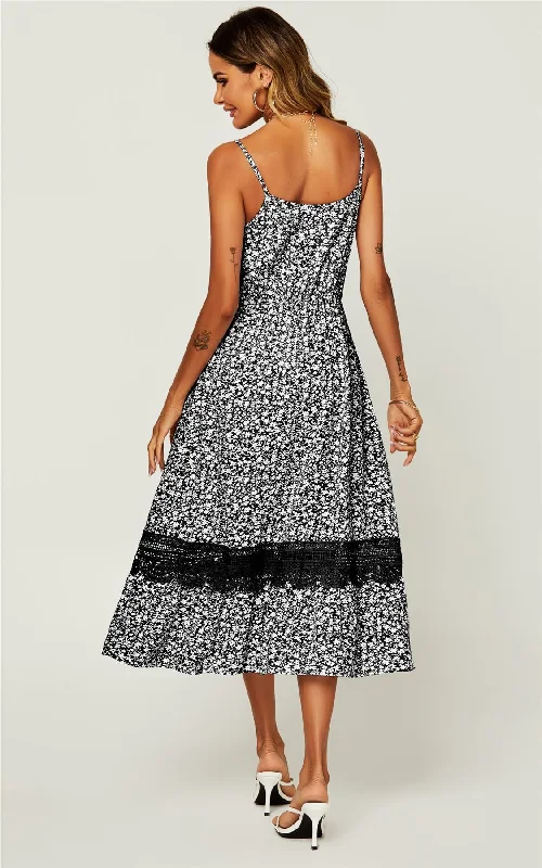 Flora Print Lace Trim Tiered Strappy Midi Dress In Black